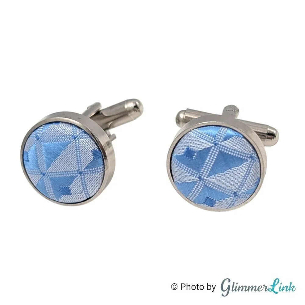 Silver Tone Round Fabric Cufflinks Blue Geometric Pattern Bullet Back